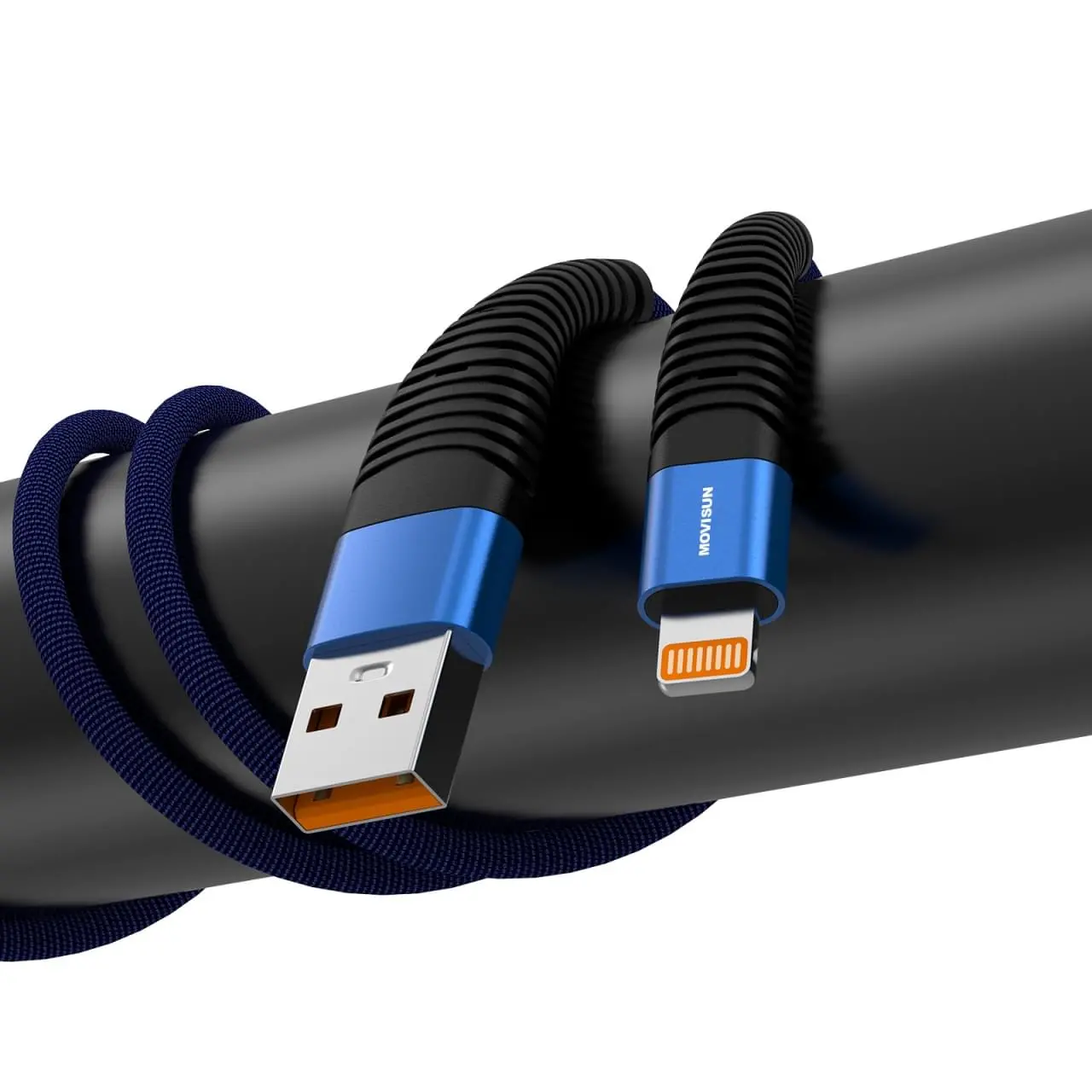 MOVISUN Cable de carga USB a Tipo Lightning AA 635 Azul 1.2m – Carga Rápida 2.4A, Transferencia de Datos, Protección Antidoblez, Recubrimiento de Tela Reforzada de Alta Resistencia
