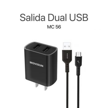 MOVISUN KIT de Cargador MC 56 Negro – Cabezal Dual USB 10.5W + Cable USB a Micro USB (V8) de 1m, Carga Simultánea para Dos Dispositivos, Diseño Compacto y Duradero