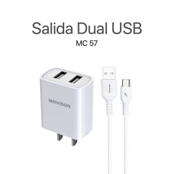 MOVISUN KIT de Cargador MC 57 Blanco – Cabezal Dual USB 5V/2.1A + Cable USB a Tipo C 1m 5V/2A, Carga Simultánea para Dos Dispositivos, Diseño Compacto y Duradero