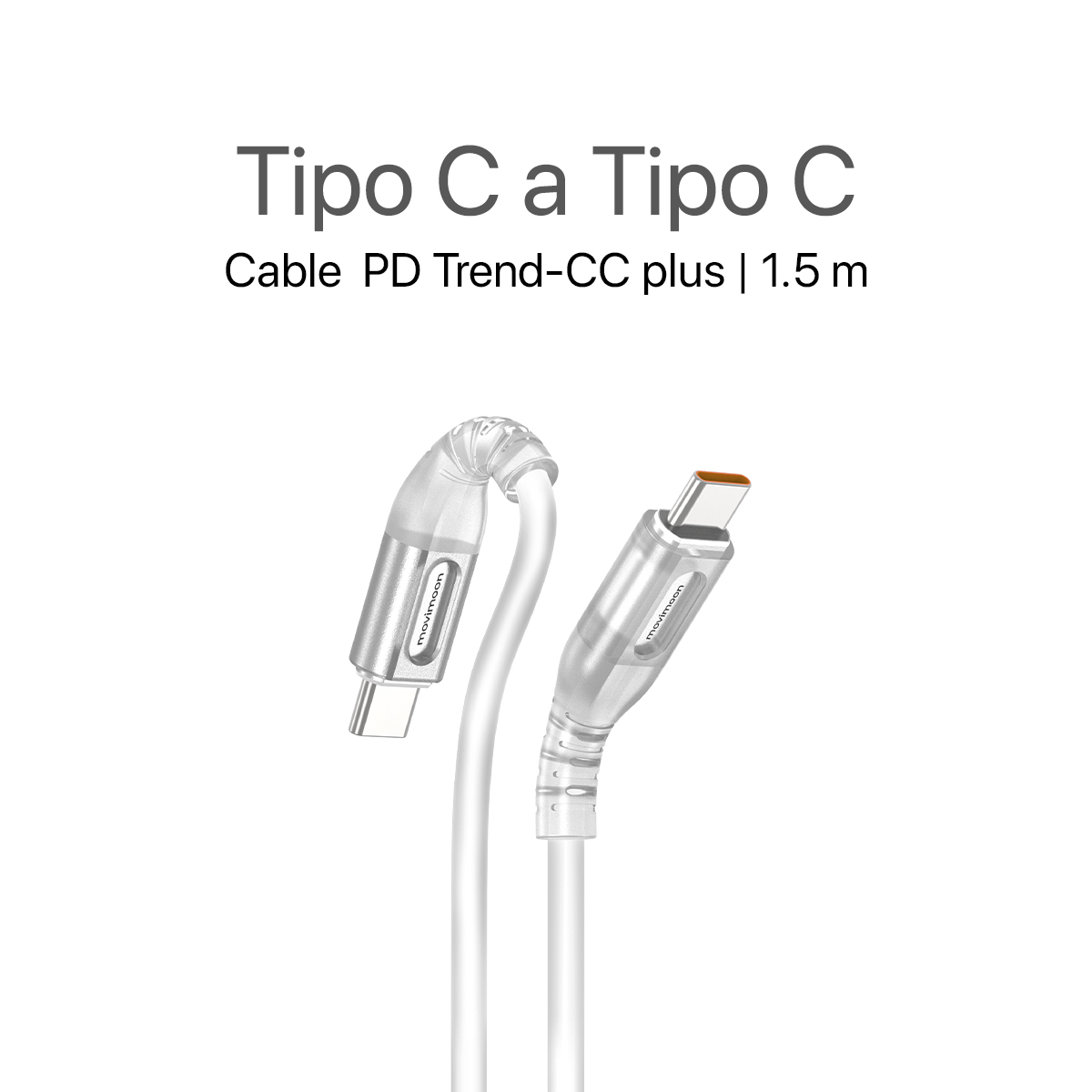 Movimoon Trend CC Plus – Cable de Carga Tipo C a Tipo C Blanco de 1.5m, Compatible con Laptops y Celulares USB-C, Carga Rápida 60W con Power Delivery, Transferencia de Datos, Cable Reforzado Antidobleces, Ideal para MacBook y smartphones
