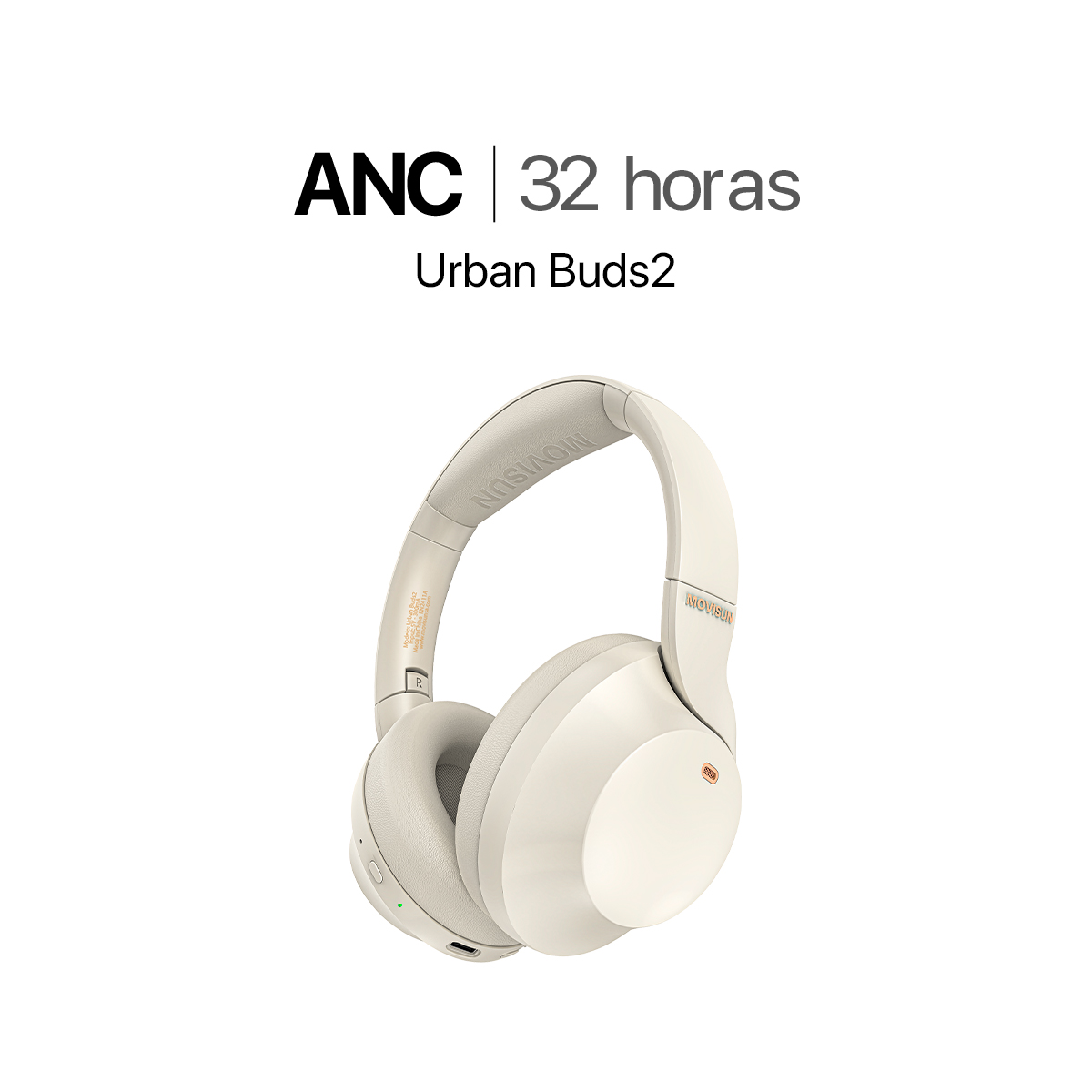 MOVISUN Urban Buds2 Beige – Audífonos Bluetooth Vincha con ANC, Micrófono, 32h de Música, Modo Juego, Cancelación de Ruido, Tipo C