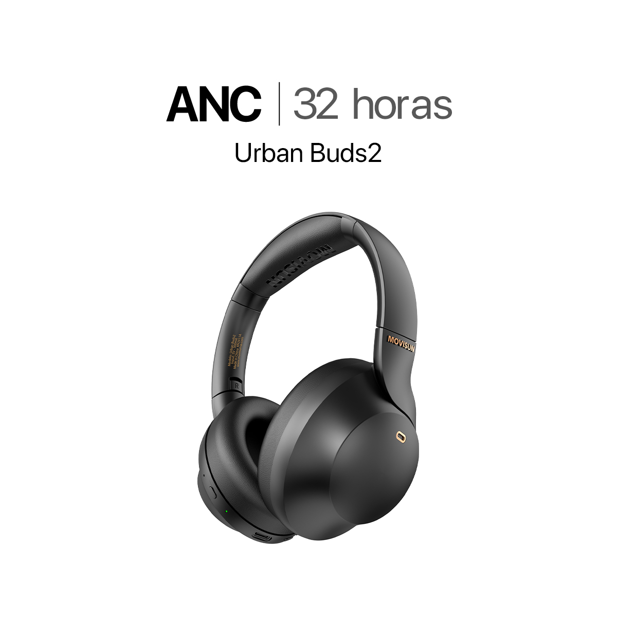 MOVISUN Urban Buds2 Negro – Audífonos Bluetooth Vincha con ANC, Micrófono, 32h de Música, Modo Juego, Cancelación de Ruido, Tipo C