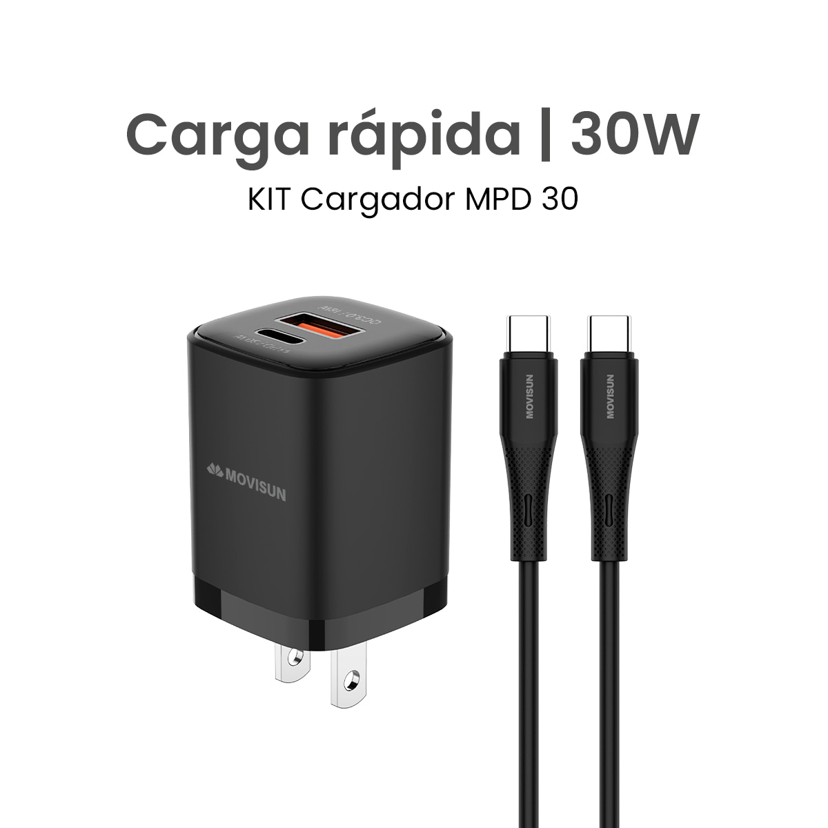 MOVISUN KIT de Cargador MPD 30 Negro – Carga Rápida QC y PD hasta 30W, Cabezal con Doble Salida USB y Tipo C, Incluye Cable Tipo C a Tipo C de 60W y 1.2m, Ideal para Celulares, Tablets y Más