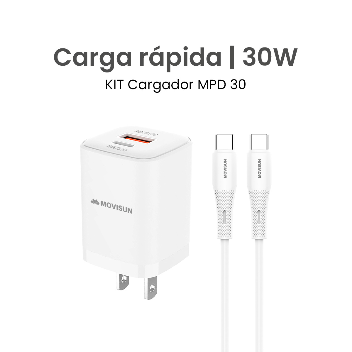 MOVISUN KIT de Cargador MPD 30 Blanco – Carga Rápida QC y PD hasta 30W, Cabezal con Doble Salida USB y Tipo C, Incluye Cable Tipo C a Tipo C de 60W y 1.2m, Ideal para Celulares, Tablets y Más