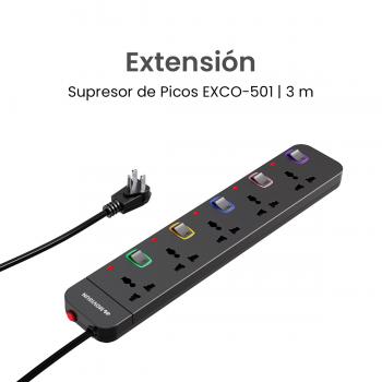 MOVISUN Supresor de Picos EXCO-501 Negro - 5 Tomas, 3 m, Protección Sobrecarga