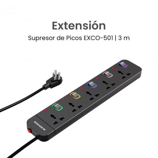 MOVISUN Supresor de Picos EXCO-501 Negro - 5 Tomas, 3 m, Protección Sobrecarga