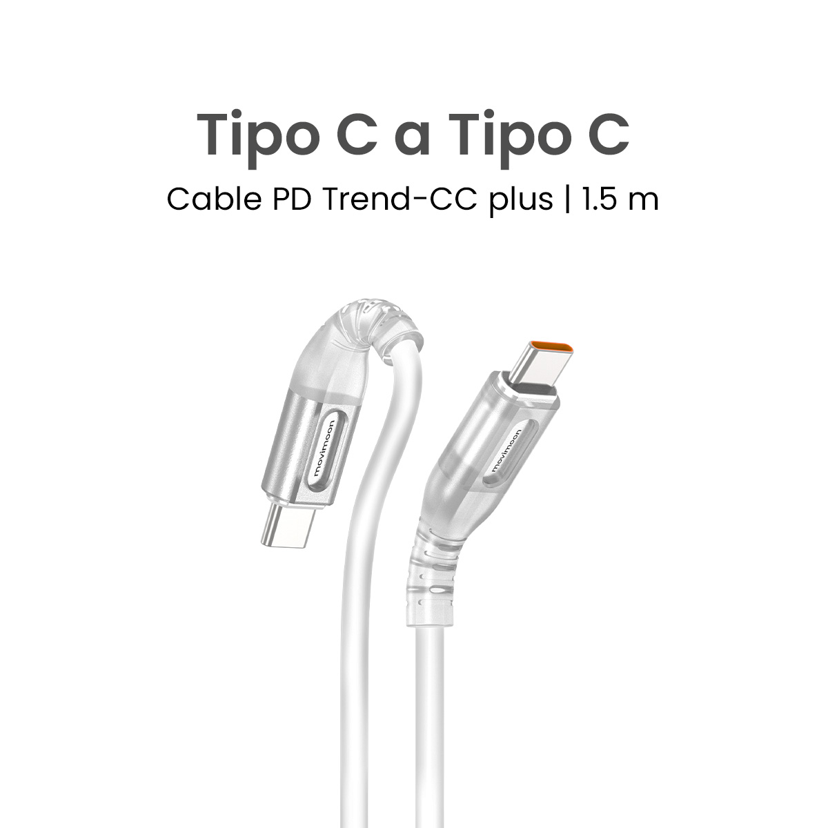 Movimoon Trend CC Plus – Cable de Carga Tipo C a Tipo C Blanco de 1.5m, Compatible con Laptops y Celulares USB-C, Carga Rápida 60W con Power Delivery, Transferencia de Datos, Cable Reforzado Antidobleces, Ideal para MacBook y smartphones