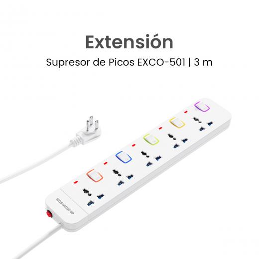MOVISUN Supresor de Picos EXCO-501 Blanco - 5 Tomas, 3 m, Protección Sobrecarga