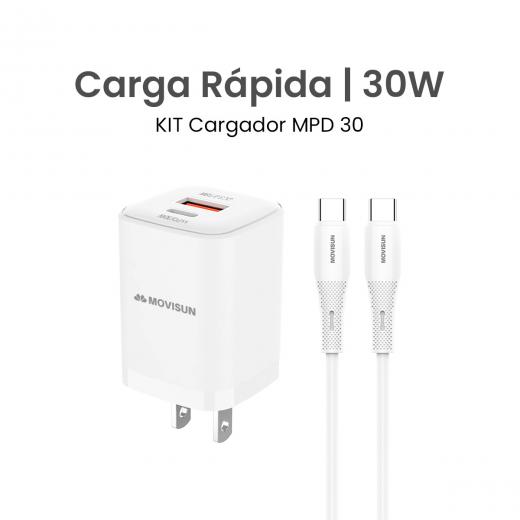 MOVISUN KIT de Cargador MPD 30 Blanco – Carga Rápida QC y PD hasta 30W, Cabezal con Doble Salida USB y Tipo C, Incluye Cable Tipo C a Tipo C de 60W y 1.2m, Ideal para Celulares, Tablets y Más