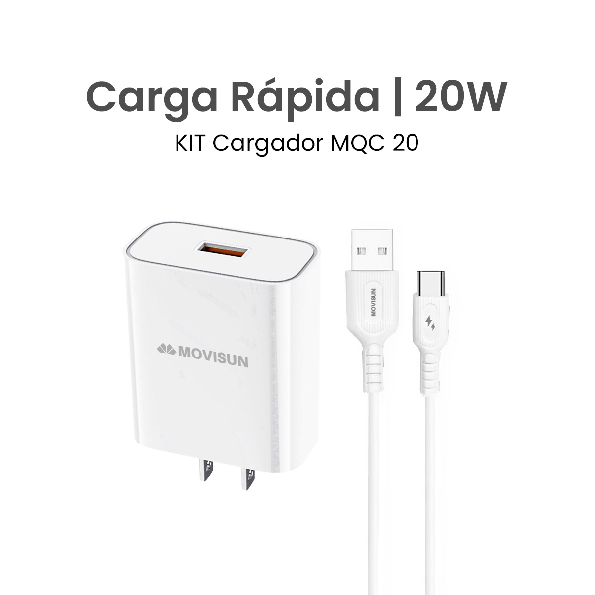 MOVISUN KIT de Cargador MQC 20 Blanco – Carga Rápida QC hasta 22.5W, Cabezal con Salida USB Inteligente y Cable USB a Tipo C de 3.5A 1m, Ideal para Celulares y Dispositivos USB-C