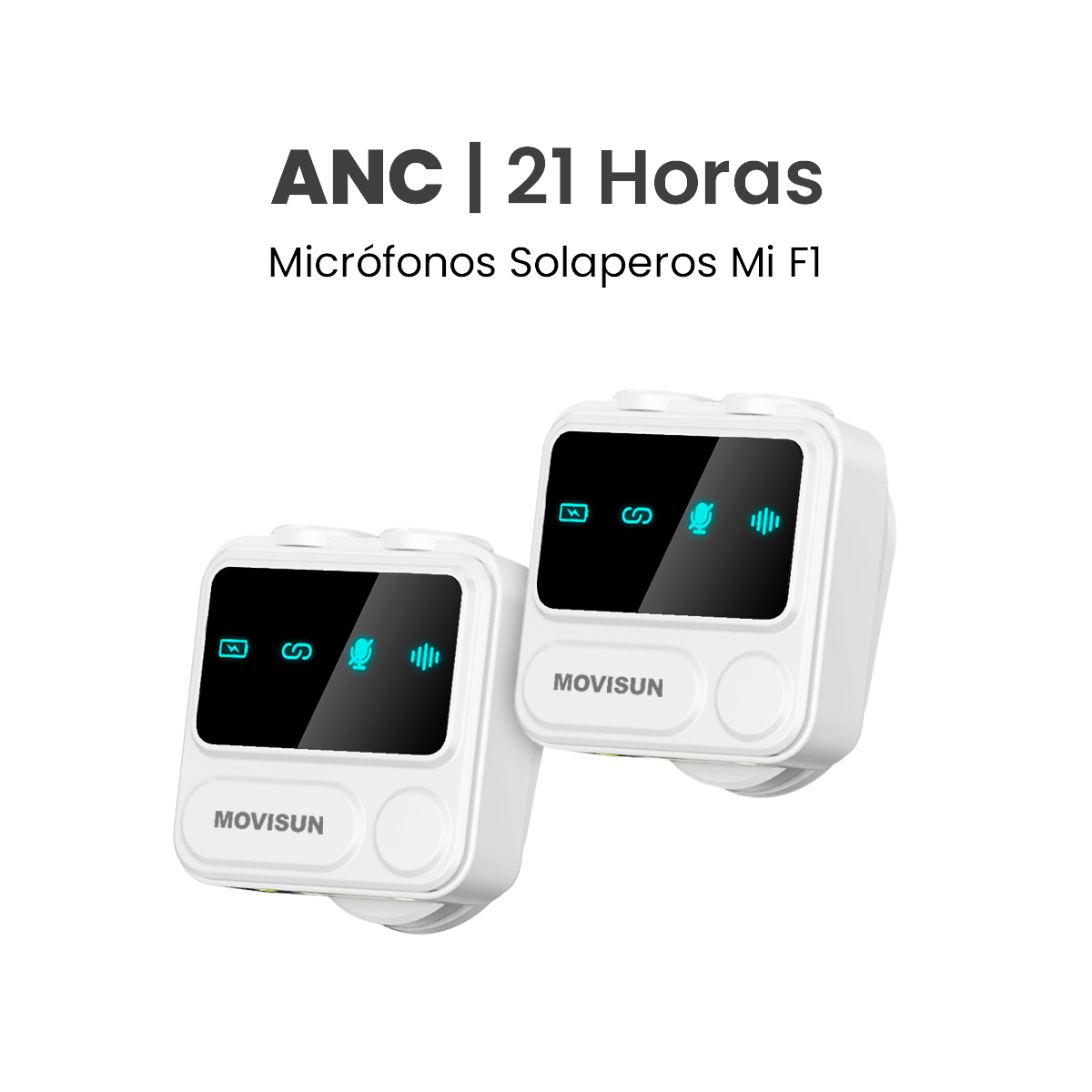 MOVISUN Mi F1 Blanco – Micrófono Inalámbrico Dual con Estuche Digital, ANC, Reverberación, Compatible con iPhone y Android, Ideal para Streaming, Entrevistas y Podcasts, 21H de Autonomía