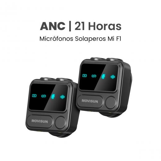 MOVISUN Mi F1 Negro – Micrófono Inalámbrico Dual con Estuche Digital, ANC, Reverberación, Compatible con iPhone y Android, Ideal para Streaming, Entrevistas y Podcasts, 21H de Autonomía