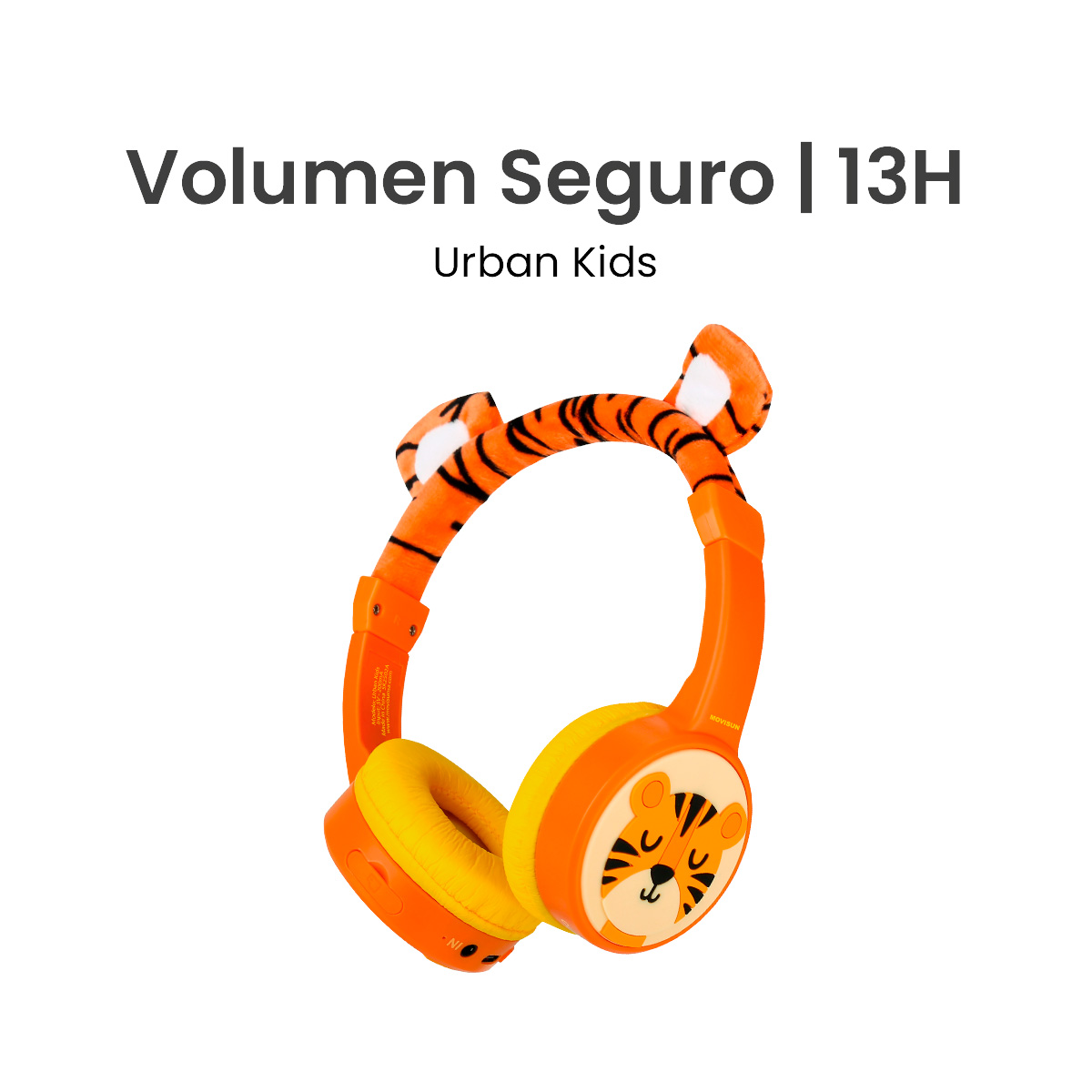 MOVISUN Urban Kids Tigre – Audífonos Inalámbricos para Niños con Volumen Seguro (82 dB), Almohadillas Afelpadas, Bluetooth 5.3, TF, AUX, 13h de Reproducción