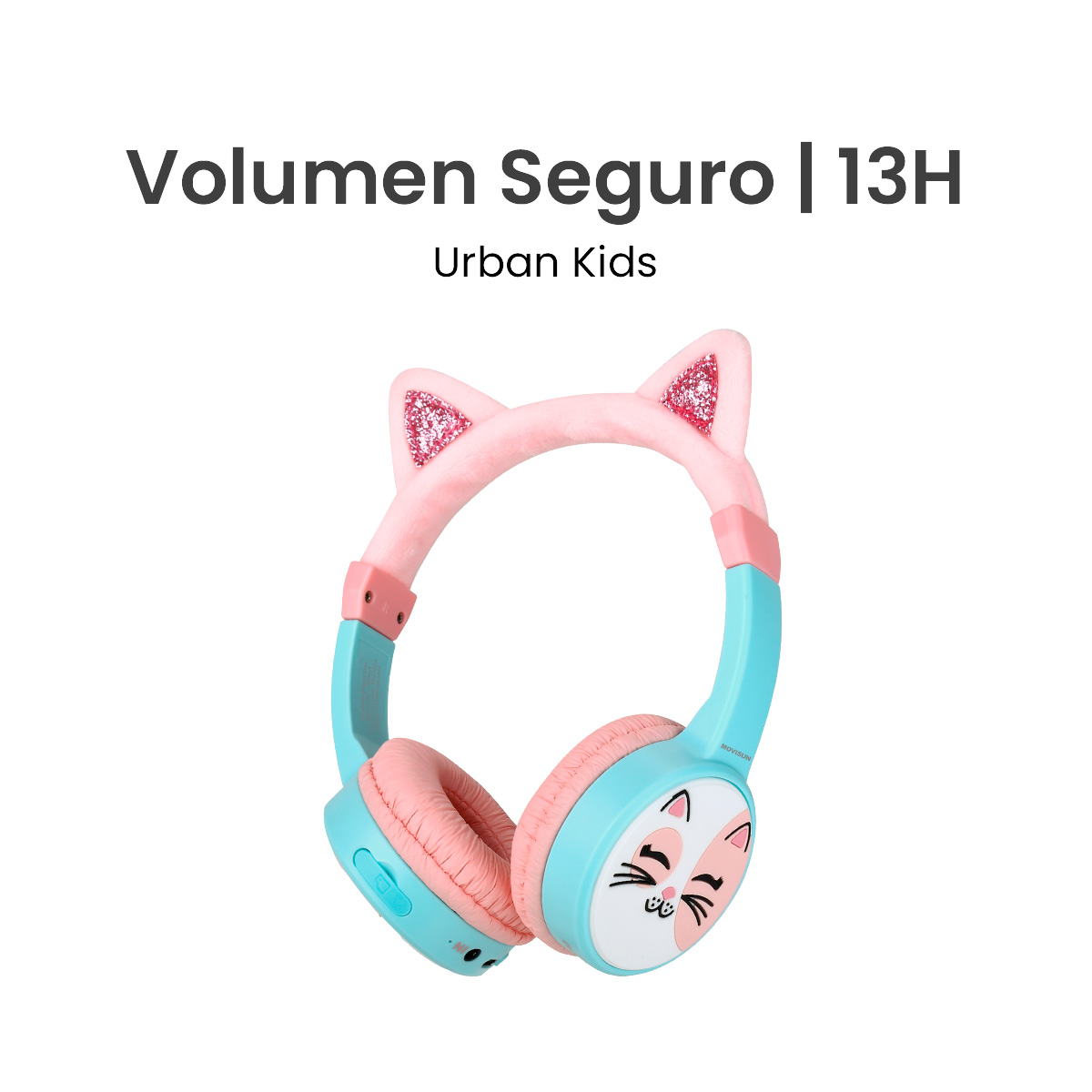 MOVISUN Urban Kids Gata – Audífonos Inalámbricos para Niños con Volumen Seguro (82 dB), Almohadillas Afelpadas, Bluetooth 5.3, TF, AUX, 13h de Reproducción