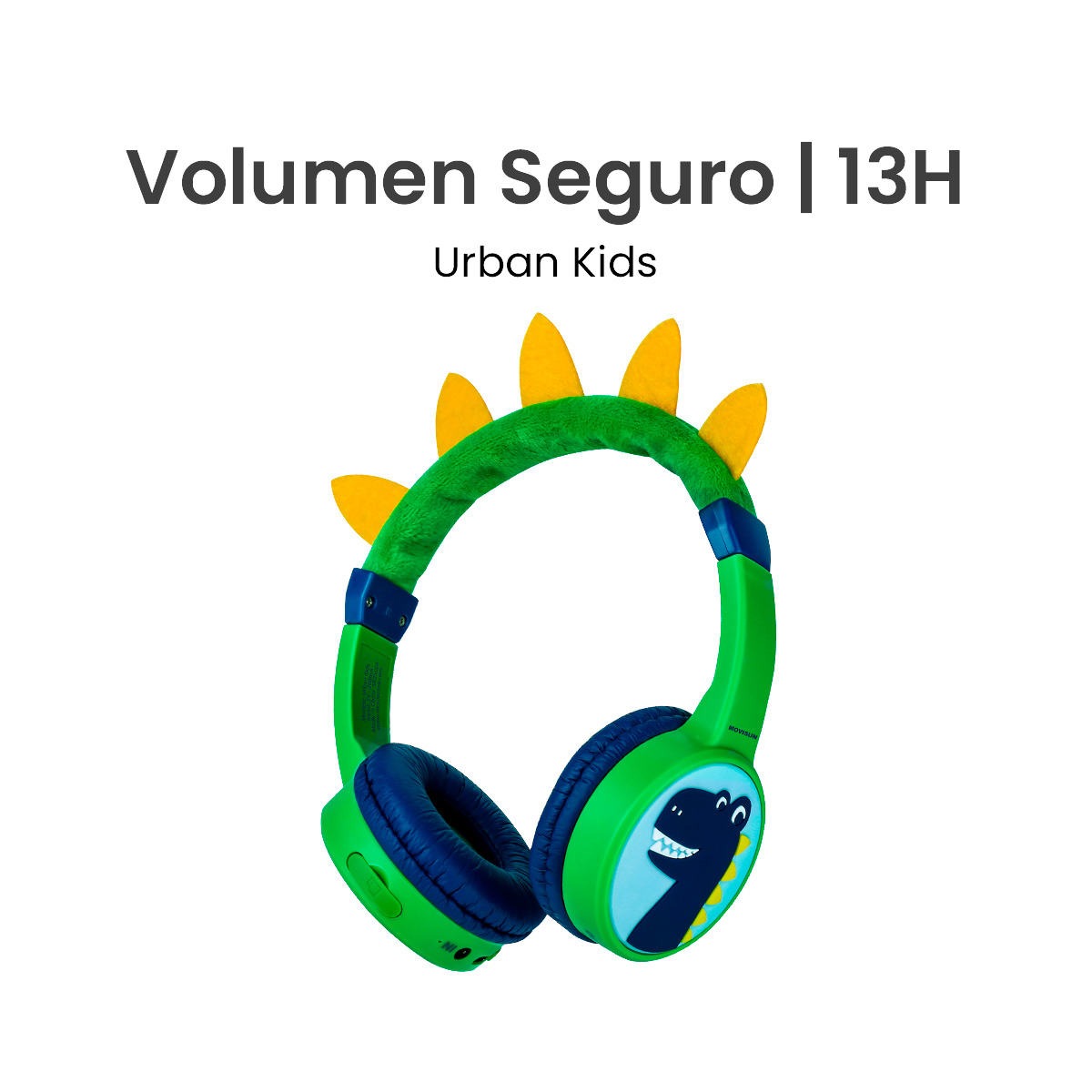 MOVISUN Urban Kids Dinosaurio – Audífonos Inalámbricos para Niños con Volumen Seguro (82 dB), Almohadillas Afelpadas, Bluetooth 5.3, TF, AUX, 13h de Reproducción