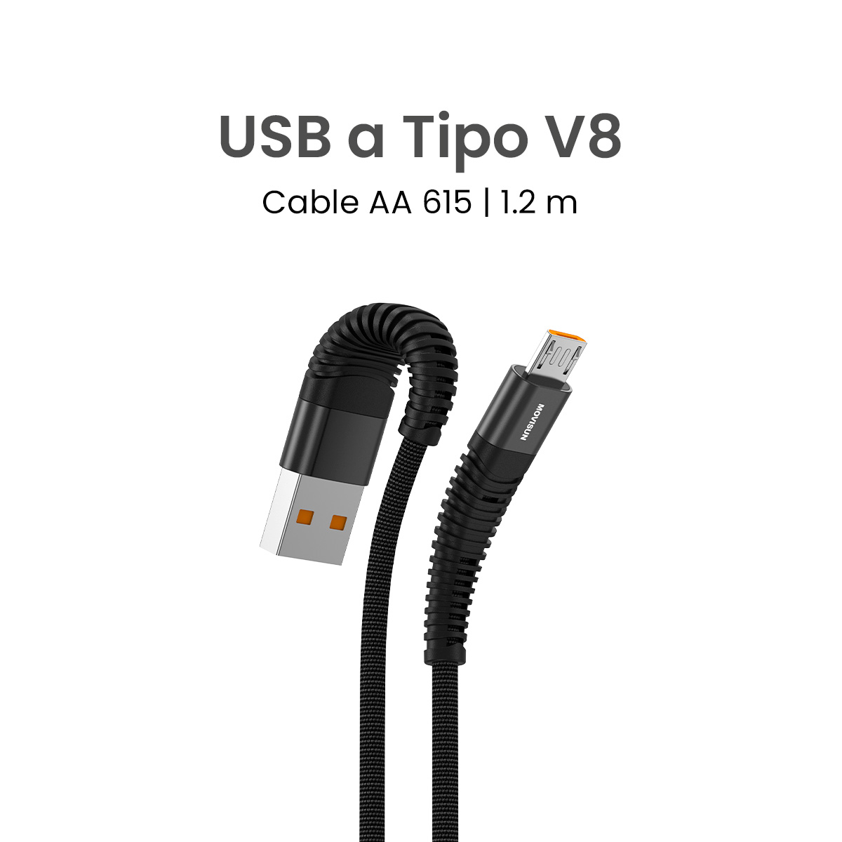 MOVISUN Cable de carga USB a Tipo V8 AA 615 Negro 1.2m – Carga Rápida 12W, Transferencia de Datos, Protección Antidoblez, Recubrimiento de Tela Reforzada de Alta Resistencia
