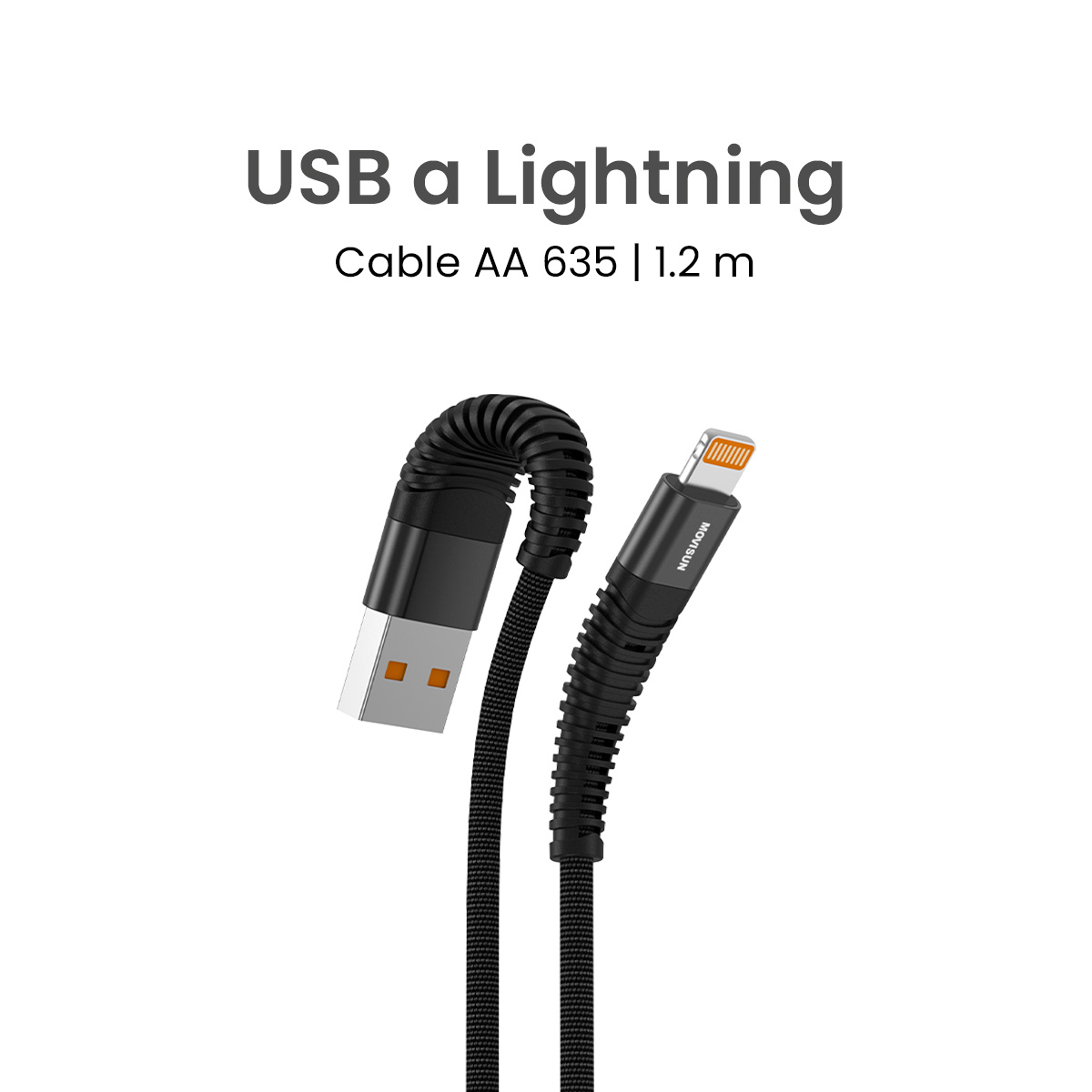 MOVISUN Cable de carga USB a Tipo Lightning AA 635 Negro 1.2m – Carga Rápida 30W, Transferencia de Datos, Protección Antidoblez, Recubrimiento de Tela Reforzada de Alta Resistencia