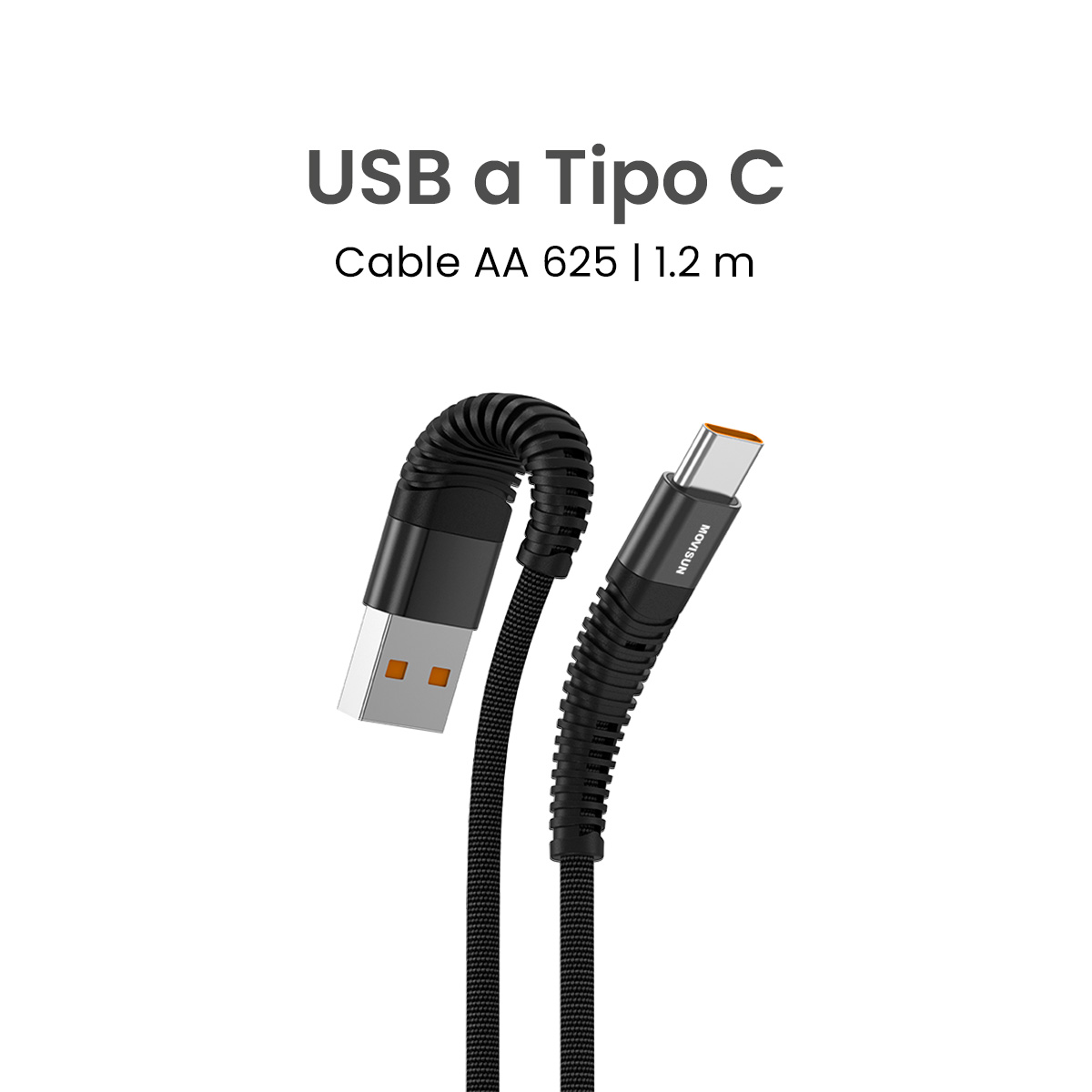 MOVISUN Cable de carga USB a Tipo C AA 625 Negro 1.2m – Carga Rápida 30W, Transferencia de Datos, Protección Antidoblez, Recubrimiento de Tela Reforzada de Alta Resistencia