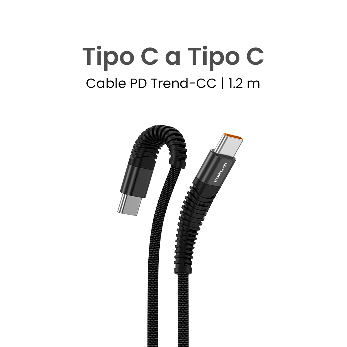Movimoon Trend CC – Cable de Carga Tipo C a Tipo C Negro 1.2m, PD 60W Carga Rápida Estable, Transferencia de Datos, Cable Flexible con Tela Reforzada, Protección contra Dobleces, Resistente al Calor, Compatible con Dispositivos USB-C