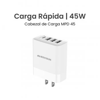 MOVISUN Cabezal de Carga Rápida MPD 45 Blanco – Potencia Máxima 45W, 4 Salidas (1 Tipo C + 3 USB), Compatible con Carga Rápida PD/PPS, QC 3.0, AFC, FCP, Apple 2.4A, Ideal para Celulares, Laptops, Tablets y Más
