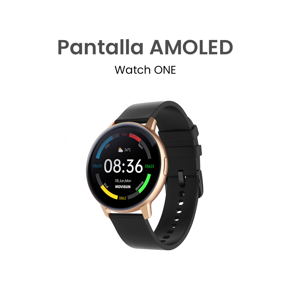 MOVISUN Smartwatch Watch ONE Dorado Negro – Pantalla AMOLED 1.43 pulgadas, Llamadas Bluetooth, IP67, Ritmo Cardíaco y Más de 20 Funciones