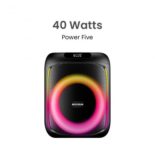 MOVISUN Power Five – Parlante Karaoke Bluetooth 40W, Batería 5000 mAh, Micrófono Incluido, Luces LED, TWS y Control Remoto