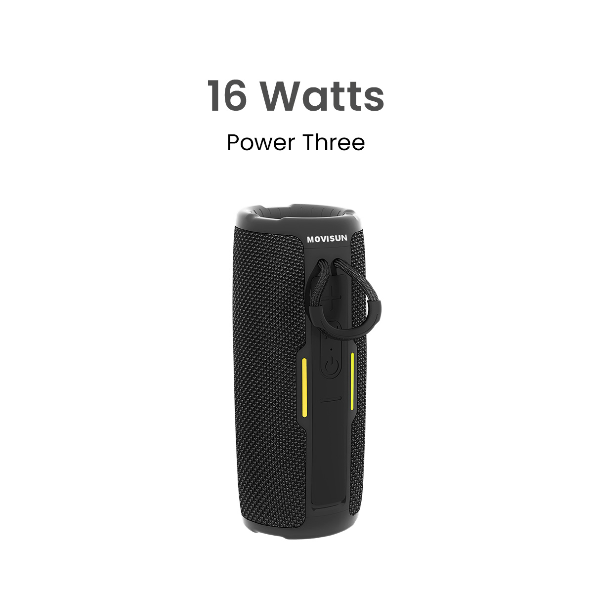 MOVISUN Power Three Negro – Parlante Bluetooth 16W con Radio FM, Función TWS, Luces LED, Batería 2500 mAh y Reproducción USB/TF