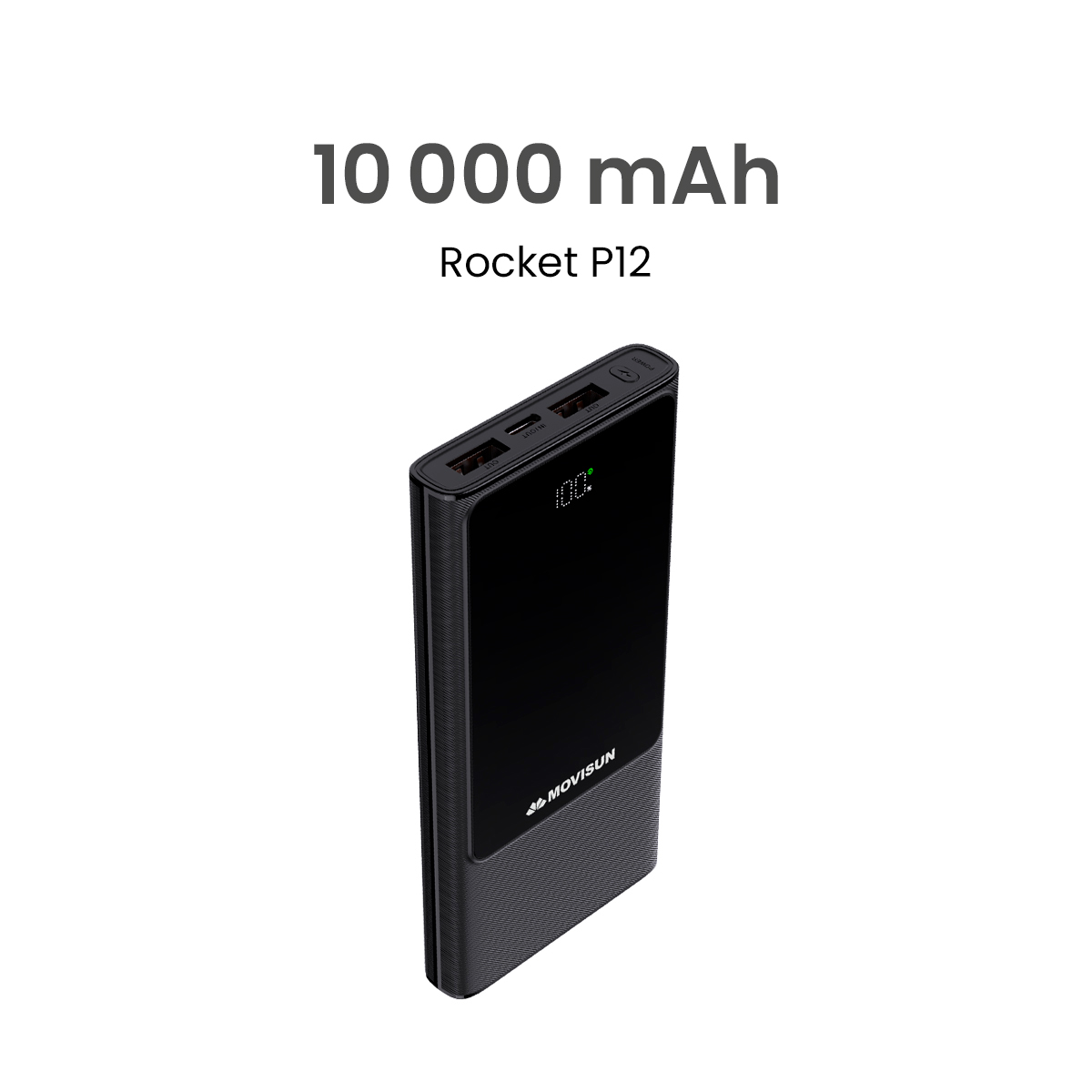 MOVISUN Power Bank Rocket P12 10000mAh Negro – Carga Rápida PD y QC hasta 22.5W, 3 Salidas Simultáneas (USB + Tipo C), Pantalla Digital LED, Compacto y Portátil, Ideal para Viajes y Uso Diario