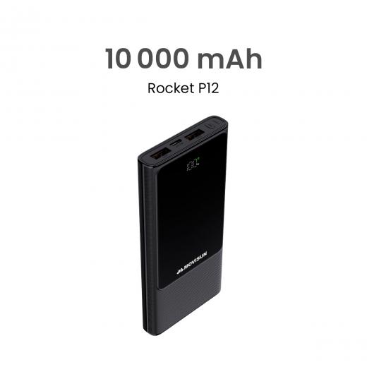 MOVISUN Power Bank Rocket P12 10000mAh Negro – Carga Rápida PD y QC hasta 22.5W, 3 Salidas Simultáneas (USB + Tipo C), Pantalla Digital LED, Compacto y Portátil, Ideal para Viajes y Uso Diario