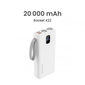 MOVISUN Power Bank Rocket X22 20000mAh Blanco – Carga Rápida PD y QC hasta 22.5W, 3 Salidas Simultáneas, Pantalla Digital LED, Linterna Dual, Ideal para Viajes, Celulares y Más