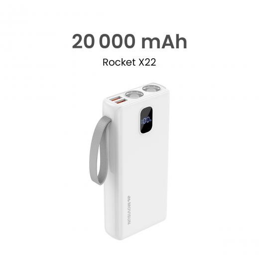 MOVISUN Power Bank Rocket X22 20000mAh Blanco – Carga Rápida PD y QC hasta 22.5W, 3 Salidas Simultáneas, Pantalla Digital LED, Linterna Dual, Ideal para Viajes, Celulares y Más