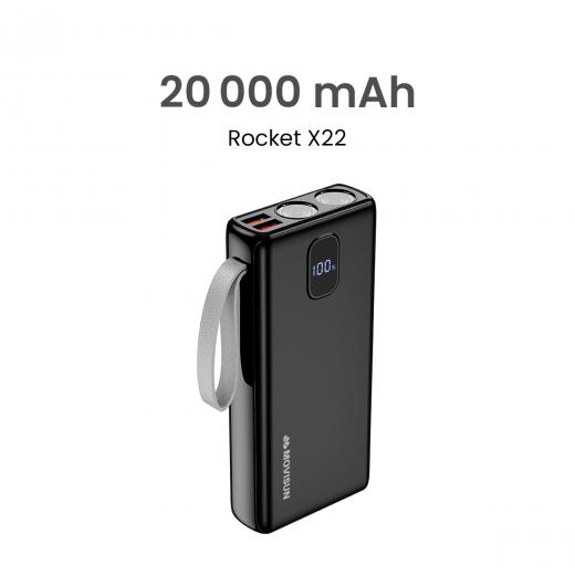 MOVISUN Power Bank Rocket X22 20000mAh Negro – Carga Rápida PD y QC hasta 22.5W, 3 Salidas Simultáneas, Pantalla Digital LED, Linterna Dual, Ideal para Viajes, Celulares y Más