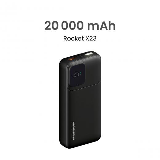 MOVISUN Power Bank Rocket X23 20000mAh Negro – Carga Rápida PD y QC hasta 22.5W, Pantalla Digital, Linterna LED, Puerto Tipo C (Entrada/Salida) + USB y Micro USB, Ideal para Celulares, Tablets y Más