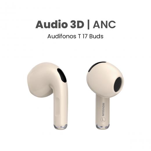 MOVISUN T 17 Buds Beige - Audífonos inalámbricos con cancelación de ruido, modo transparencia, 3D y hasta 16 h de autonomía