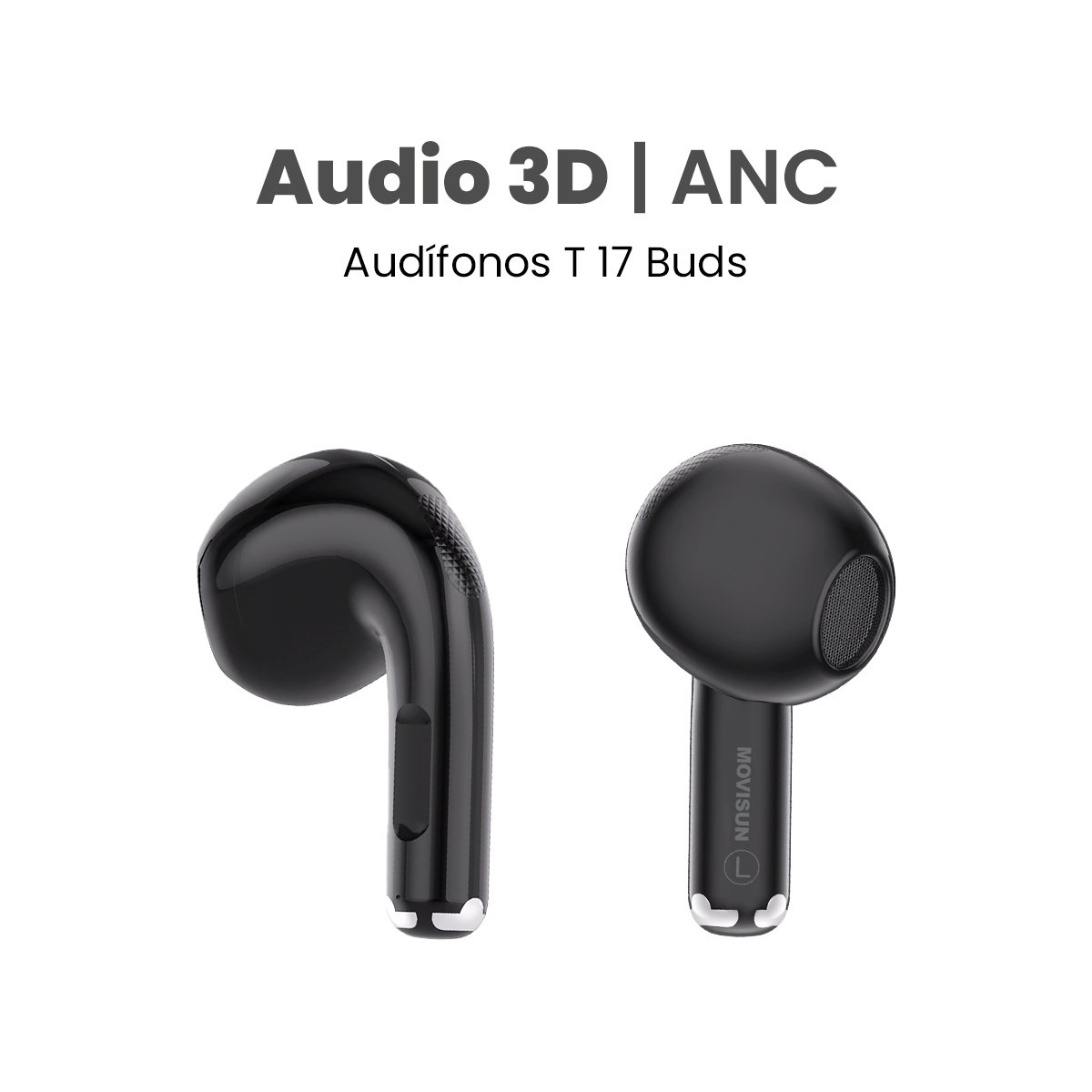 MOVISUN T 17 Buds Negro - Audífonos inalámbricos con cancelación de ruido, modo transparencia, 3D y hasta 16 h de autonomía