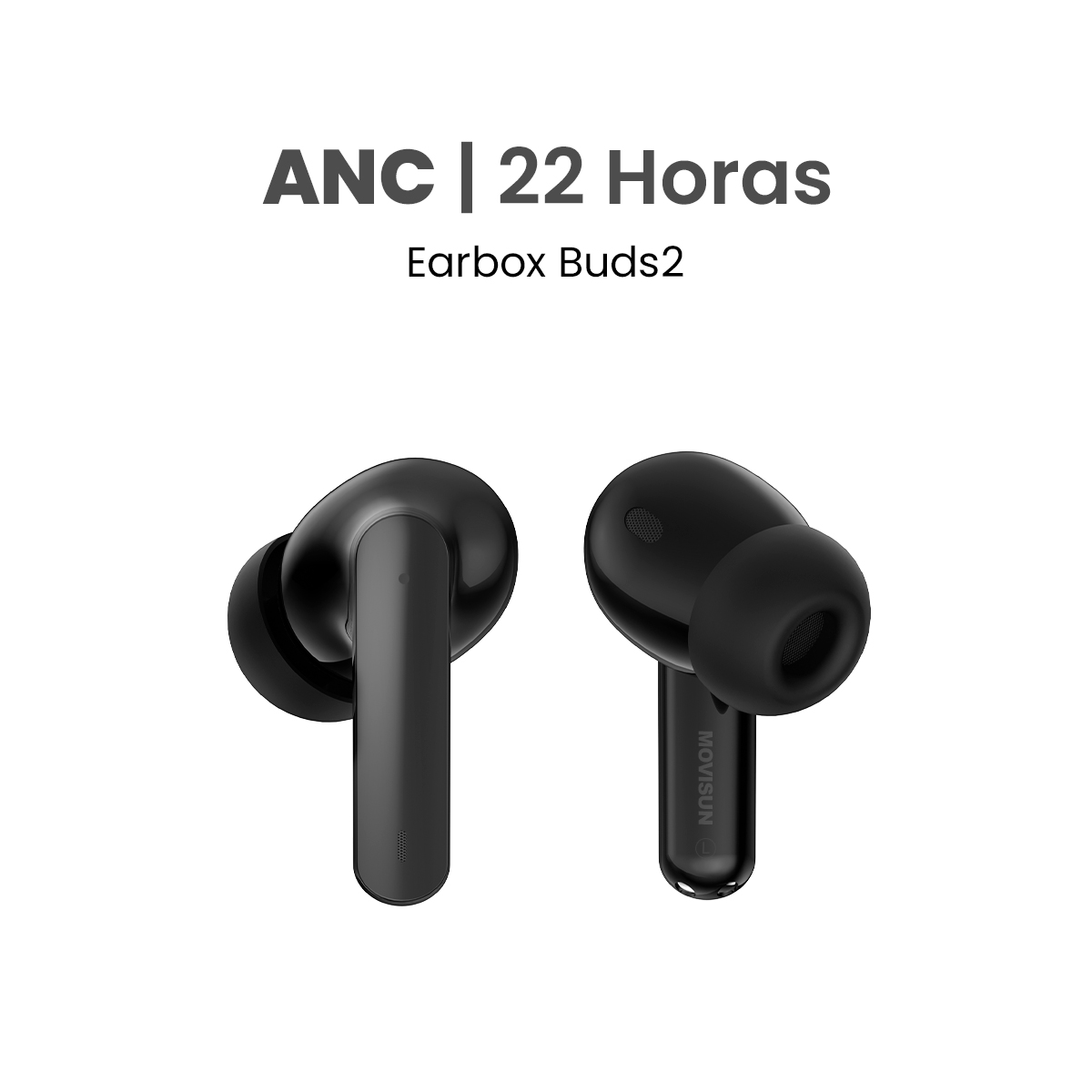 MOVISUN Earbox Buds2 Negro – Audífonos Inalámbricos con Cancelación de Ruido, Modo Transparencia, Micrófono para Llamadas, Bluetooth 5.3, Hasta 22 h