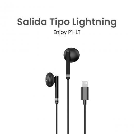MOVISUN Enjoy P1-LT Negro – Audífonos con Cable Lightning, Micrófono Incorporado, Control de Volumen y Reproducción, Diseño Metálico, 1.20 m