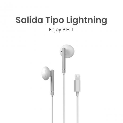 MOVISUN Enjoy P1-LT Blanco – Audífonos con Cable Lightning, Micrófono Incorporado, Control de Volumen y Reproducción, Diseño Metálico, 1.20 m
