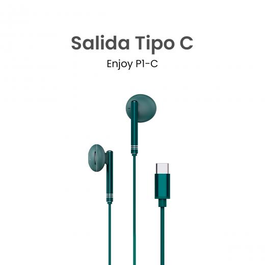 MOVISUN Enjoy P1-C Verde – Audífonos con Cable Tipo C, Micrófono Incorporado, Control de Volumen y Reproducción, Diseño Metálico, 1.20 m