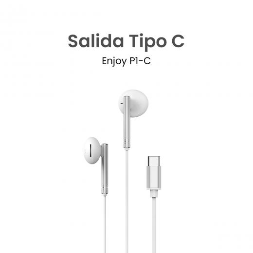 MOVISUN Enjoy P1-C Blanco – Audífonos con Cable Tipo C, Micrófono Incorporado, Control de Volumen y Reproducción, Diseño Metálico, 1.20 m