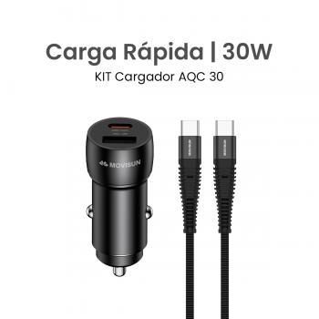 MOVISUN KIT de Cargador de Auto AQC 30 Negro – Carga Rápida QC y PD hasta 30W, Cabezal con Salida Tipo C (PD) + USB (QC), Incluye Cable Tipo C a Tipo C de 60W y 1.2m, Ideal para Vehículos y Dispositivos USB-C