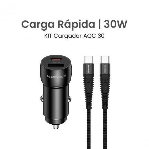 MOVISUN KIT de Cargador de Auto AQC 30 Negro – Carga Rápida QC y PD hasta 30W, Cabezal con Salida Tipo C (PD) + USB (QC), Incluye Cable Tipo C a Tipo C de 60W y 1.2m, Ideal para Vehículos y Dispositivos USB-C