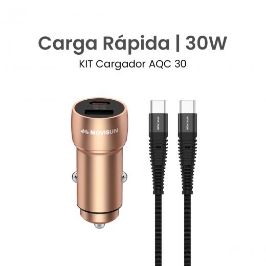 MOVISUN KIT de Cargador de Auto AQC 30 Dorado – Carga Rápida QC y PD hasta 30W, Cabezal con Salida Tipo C (PD) + USB (QC), Incluye Cable Tipo C a Tipo C de 60W y 1.2m, Ideal para Vehículos y Dispositivos USB-C