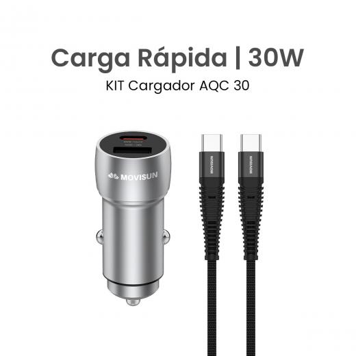 MOVISUN KIT de Cargador de Auto AQC 30 Plateado – Carga Rápida QC y PD hasta 30W, Cabezal con Salida Tipo C (PD) + USB (QC), Incluye Cable Tipo C a Tipo C de 60W y 1.2m, Ideal para Vehículos y Dispositivos USB-C