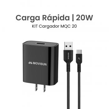 MOVISUN KIT de Cargador MQC 20 Negro – Carga Rápida QC hasta 22.5W, Cabezal con Salida USB Inteligente y Cable USB a Tipo C de 3.5A 1m, Ideal para Celulares y Dispositivos USB-C