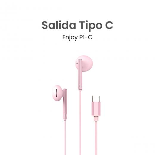 MOVISUN Enjoy P1-C Rosado – Audífonos con Cable Tipo C, Micrófono Incorporado, Control de Volumen y Reproducción, Diseño Metálico, 1.20 m