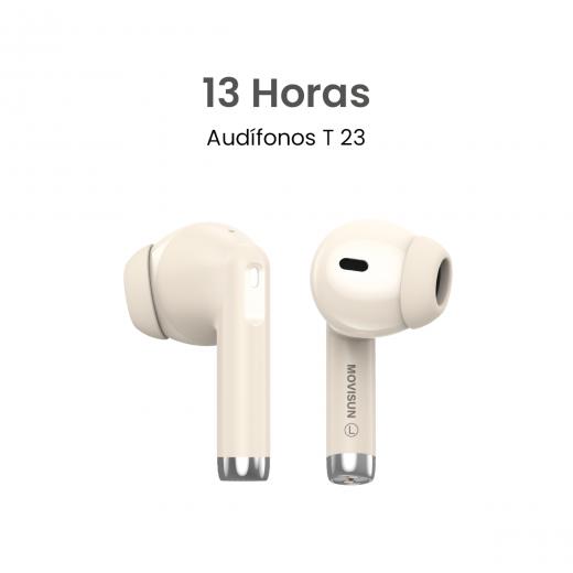 MOVISUN T 23 Beige - Audífonos Inalámbricos con Bluetooth 5.4, 13h de batería, sensor táctil, micrófono incorporado y estuche tipo C