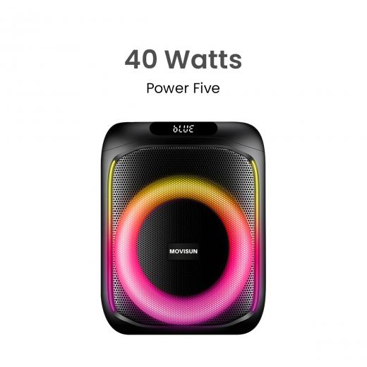 MOVISUN Power Five – Parlante Karaoke Bluetooth 40W, 10Horas Duración, Micrófono Incluido, Luces LED, Control Remoto, Entrada USB TF AUX Y Modo FM