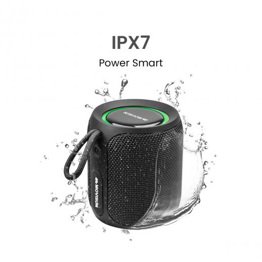 MOVISUN Power Smart Negro – Parlante Bluetooth Acuático IPX7, 16W, Batería 2500 mAh, Sonido 360°, Luces LED, TWS, Entrada AUX