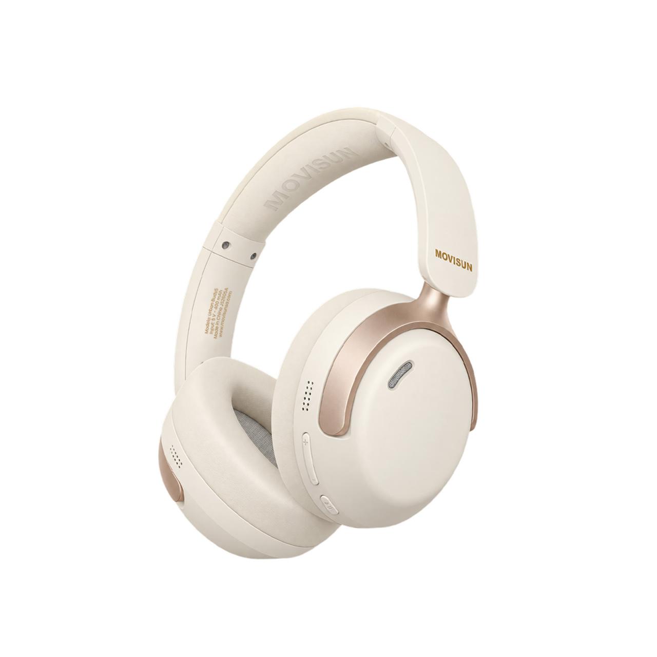 Movisun Urban Buds5 Beige - Audífonos Vincha con ANC, 60H Batería, Bt 6.0, Modo Juego, Jack 3.5